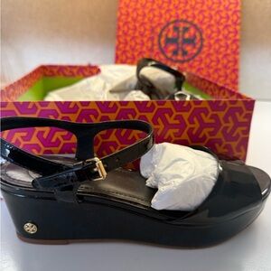 Tory Burch Black Wedge Sandals with Gold Hardware